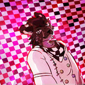 old fursona design cosplaying as Kokichi Kuma done by @FCR2NE on twt ♡